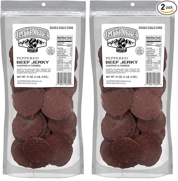 Old Trapper Peppered Double Eagle Beef Jerky, Real Wood Smoked, 10g of Protein, 1 Bag (80 Pieces), (Pack of 2)