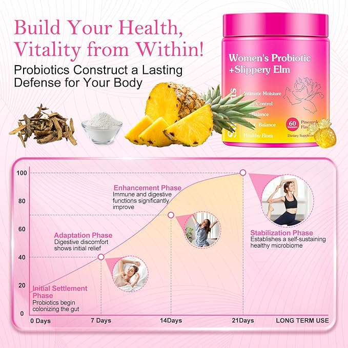 Her Juicy Feminine Probiotics Gummies, Women's Probiotic with Slippery Elm, Pineapple Gummies Support Women PH Balance and Vaginal Wellness, Gut Health & Immune System, 60 Gummies