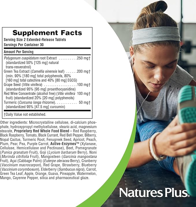 NaturesPlus Herbal Actives Resveratrol, Extended Release - 60 Tablets - Vegetarian, Gluten Free - 30 Servings