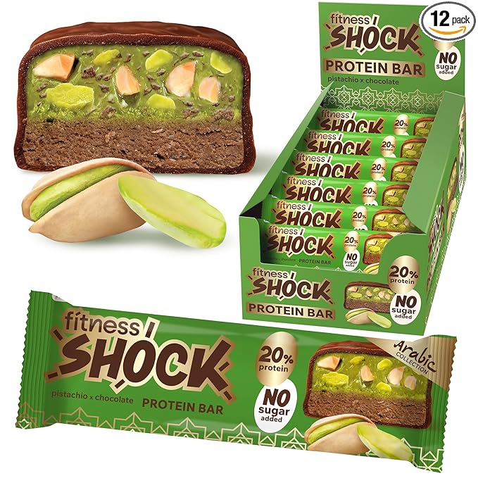 Fitness SHOCK Pistachio Chocolate Protein Bars - No Added Sugar, Low Calorie Low Carb Snack - 10g Protein, 0g Added Sugar, 180 Kcal, 15g Net Carbs, 8g Fat - 12 x 50g