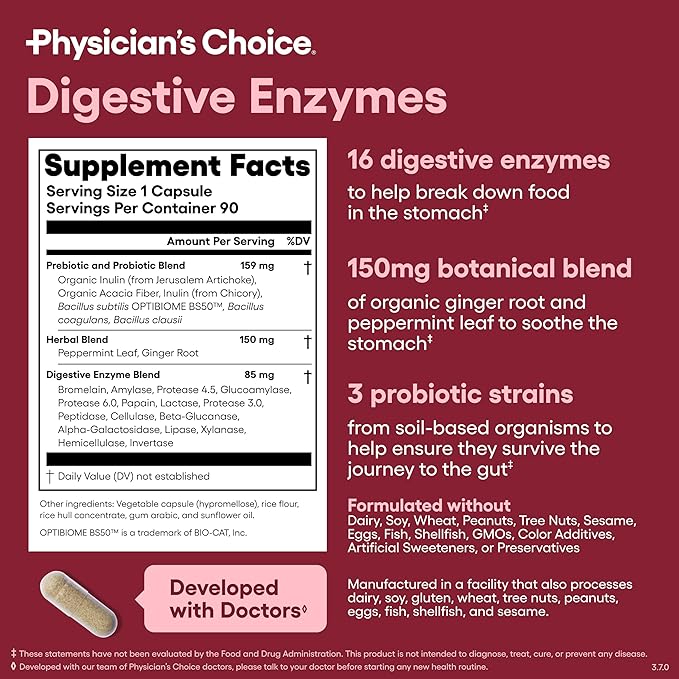 Physician's CHOICE Digestive Enzymes for Bloating & Digestion - 16 Enzymes with Organic Prebiotics & Probiotics for Gut & Digestive Health - Meal Time Discomfort Relief - Dual Action Support - 90 CT