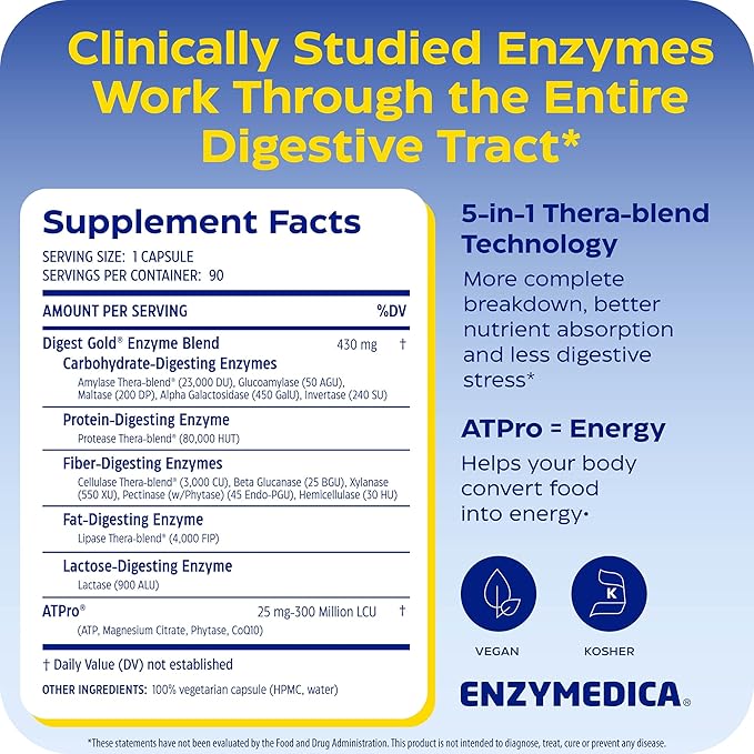 Enzymedica Digest Gold + ATPro, Maximum Strength Enzyme Formula, Fast-Acting, Helps Digest Large Meals, Prevents Bloating and Gas, 90 Capsules