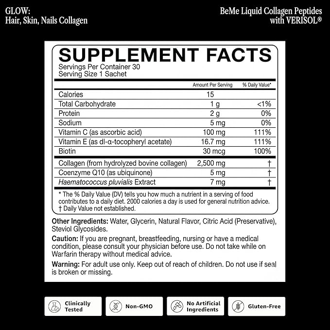 BeMe Liquid Collagen for Women — 2,500mg Hydrolyzed Bovine VERISOL Collagen Peptides Drink — Biotin, CoQ10 & Vitamin C Collagen Supplement for Hair, Skin & Nails — Strawberry, 30 Sachets