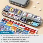 14 Grids Travel Pill Organizer Box with 415-Pcs Medicine Name Labels - Pocket Daily Pharmacy Case Container - Travel Medication Holder Dispenser Kit for Fish Oil Vitamin Supplement Storage - Grey