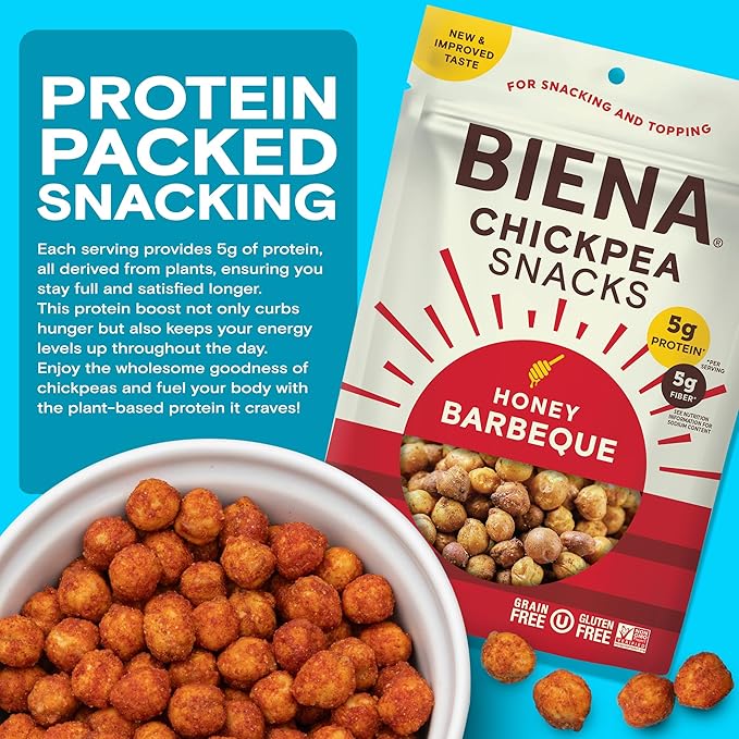 BIENA Chickpea Snacks - Crunchy Roasted Chickpeas - High Fiber Protein Snacks for Adults and Kids - 8-Pack, 5 Ounce - Barbecue