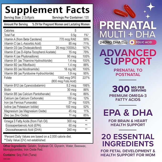 Prenatal Vitamins for Women with Folic Acid + Omega 3 DHA for Fetal Brain Development, Best Prenatal Vitamin Supplement, Daily Pregnancy Multivitamin Nutritional Support, Non-GMO - 240 Softgels