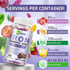 Vegan Iron Supplement 65mg, Iron Gummies for Women and Men with Vitamin C 250mg, Vitamin A, B-Complex, Biotin, Zinc & Folate, Folate for Energy Boost, Immune Health, 120 Count