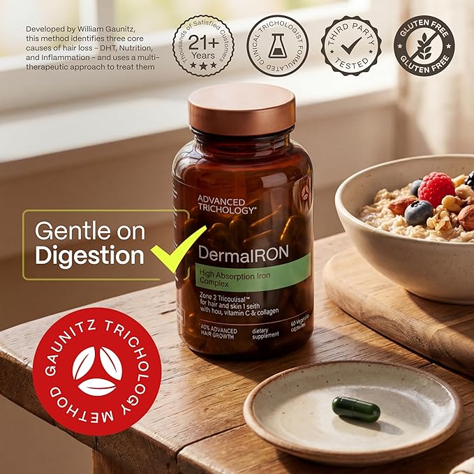 DermaIRON Iron Supplement for Women & Men – Gentle Iron for Low Ferritin & Anemia Support, Hair Thinning & Hair Loss Support, with Collagen & Vitamin C