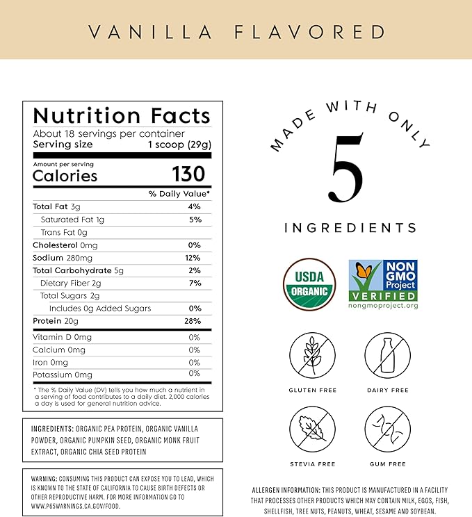 Truvani Organic Plant Based Protein Powder | Vanilla | 20g Pea Protein | 18 Servings | Vegan & Keto | Gluten & Dairy Free | Low Carb | No Added Sugar