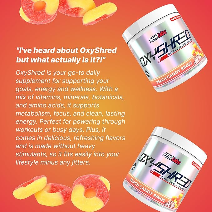 EHP Labs OxyShred Pre Workout Powder - Preworkout Powder with L Glutamine & Acetyl L Carnitine, Energy Boost Drink - Peach Candy Rings, 60 Servings