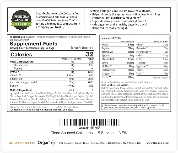 Organixx Clean Sourced Collagen Peptides Powder with Vitamin C, Types I, II, III, V, X Hydrolyzed Collagen, Hair, Nail, Skin, Bone & Joint Health, Aging Support, Gluten Free, Unflavored, 15 Servings