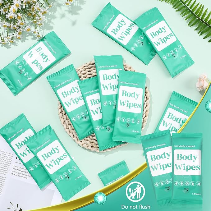 300 Pcs 60 Pack Body Wipes for Adults Bathing No Rinse Individually Wrapped Shower Wipes Washcloth with Aloe Cleansing Body Wash Cloths Disposable Bulk Deodorant Homeless(Green Background)
