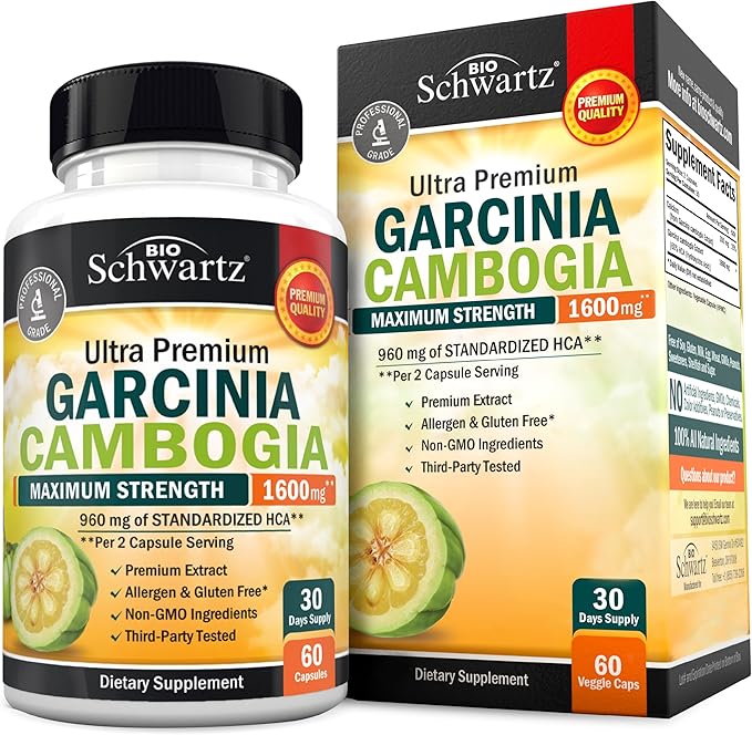 Garcinia Cambogia Weight Loss Pills - Maximum Strength Appetite Suppressant & Fat Burner for Men & Women - 1600mg Natural Extract & 960mg HCA - Metabolism Booster & Carb Blocker Capsules - 60Ct