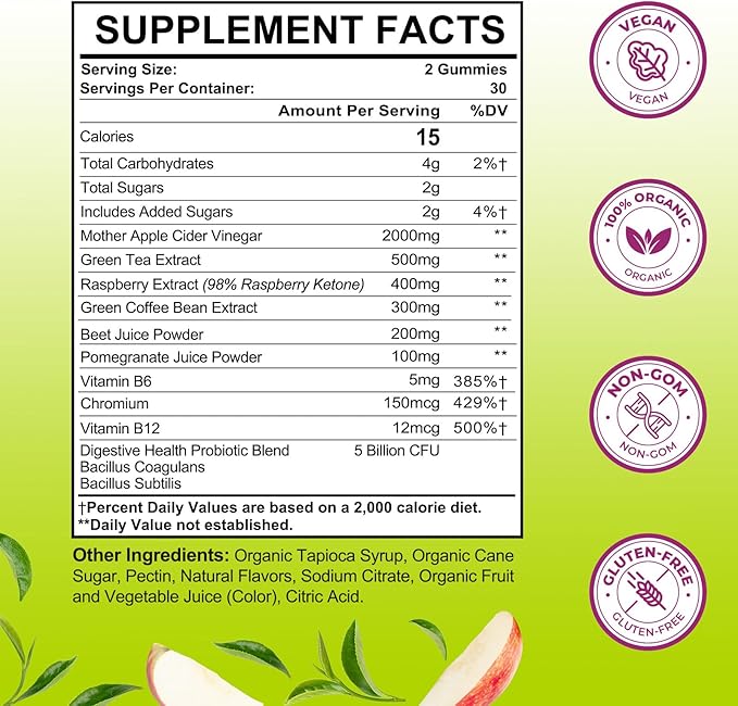 Appetite Suppressant Supplement| Akkermansia Function| Apple Cider Vinegar Gummies with Green Tea Extract, Probiotic for Fat Burner, Detox Cleanse, Metabolism, Energy & Digestive Health, 120 Gummies