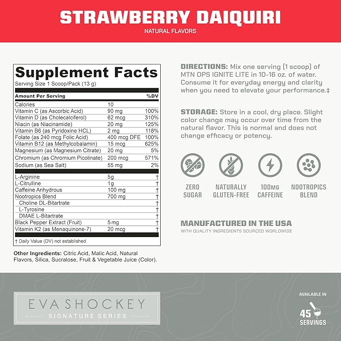 MTN OPS Ignite Lite Sugar Free Energy Drink Powder with 100mg Caffeine, Nootropic Blend for Energy & Focus, L Arginine & L Citrulline for Endurance, 45 Servings, Strawberry Daiquiri