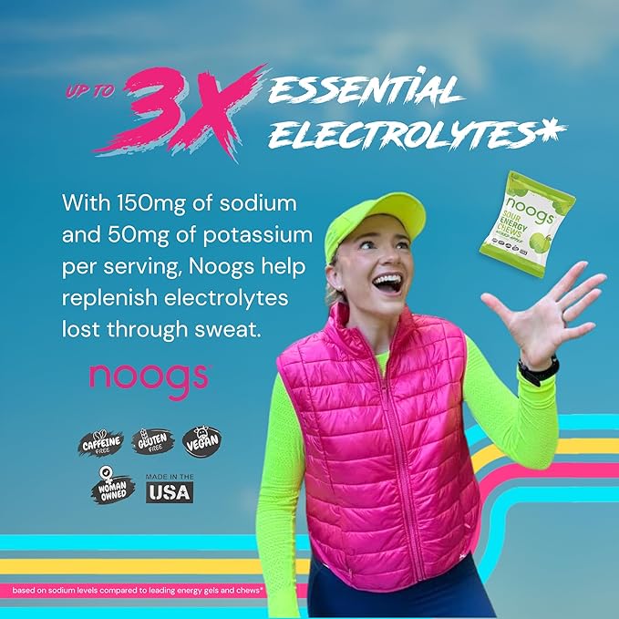 Noogs Sour Energy Chews, Wicked Apple Electrolyte Energy Gummies, Sour Candy Flavored Alternative to Running Gels, Vegan, Gluten Free & Caffeine Free, 12 Pack