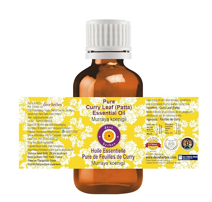 Deve Herbes Pure Curry Leaf (Patta) Essential Oil (Murraya koenigii) Steam Distilled 100ml (3.38 oz)