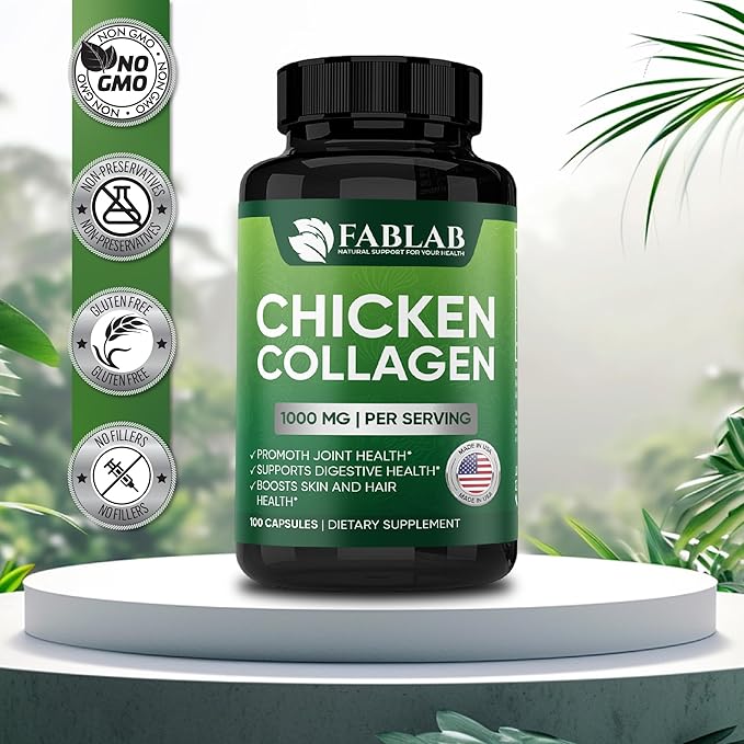 FabLab Chicken Sternum Cartilage Type II Collagen Capsules - Nutritional Supplement for Joints-1000mg per Serving - Non-GMO, Anti-Aging Dietary Product with Hydrolyzed Peptides- 100 Capsules