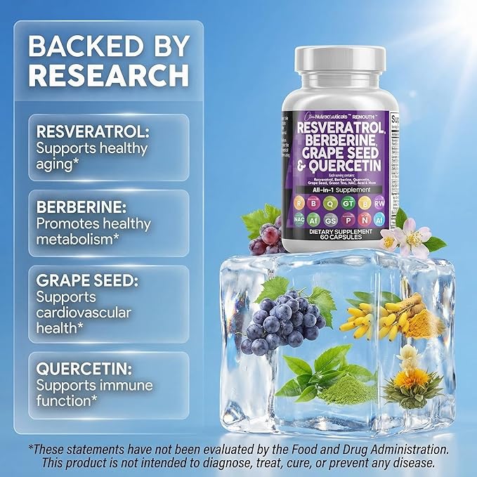 Clean Resveratrol Supplement | Berberine Grape Seed Extract Quercetin Green Tea Extract Acai Noni Polyphenol Supplement for Women & Men N-Acetyl Cysteine