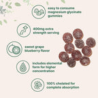 Magnesium Glycinate Gummies 400mg Per Serving, 120 Count | Natural Grape Blueberry Flavor | Potent Elemental Form + Chelated for High Absorption | Healthy Muscle, Bones, & Mood Support Supplement