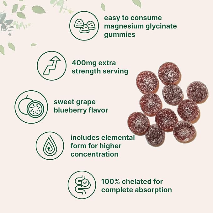 Magnesium Glycinate Gummies 400mg Per Serving, 120 Count | Natural Grape Blueberry Flavor | Potent Elemental Form + Chelated for High Absorption | Healthy Muscle, Bones, & Mood Support Supplement