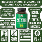 Plant Based Calcium - Red Marine Algae Calcium Supplement with Vitamin C, D3, K, Magnesium, and Whole Food Vegetable Blend. Vegan Capsules for Bones and Joints. 120 Pills, Tablets
