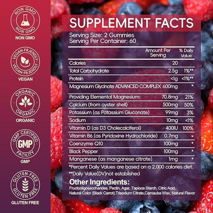 Magnesium Glycinate Gummies 600mg High Absorption, Manganese Glycinate for Women and Men with Vitamin D, B6, and CoQ10 for Adults & Kids, Magnesium for Calm Support & Sleep, 60 Days Supply