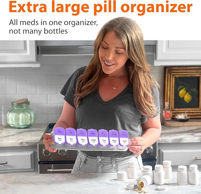 Extra Large Weekly Pill Organizer - XL Vitamin Holder with 7 Detachable AM PM Compartments - Portable Medicine Dispenser for Home and Travel, Big Supplement Container for Weekly or Daily Use, Purple