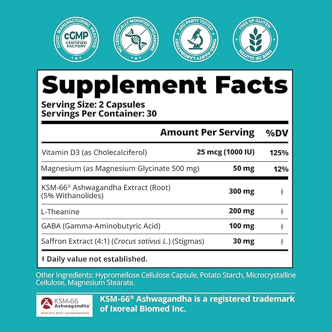 Cortisol Supplement with KSM-66® Ashwagandha & L-Theanine - Advanced Formula with GABA, Saffron, Magnesium Glycinate & Vitamin D3 for Calm Focus, Mood Balance & Restful Sleep - 60 Capsules