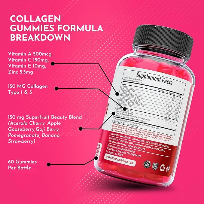 Atlantis Nutrition Collagen Peptides Gummies for Women - Formulated with Type I & III - Vitamin & Superfruit Beauty Blend - Formulated to Support Hair, Nail & Skin Health | 60 Count