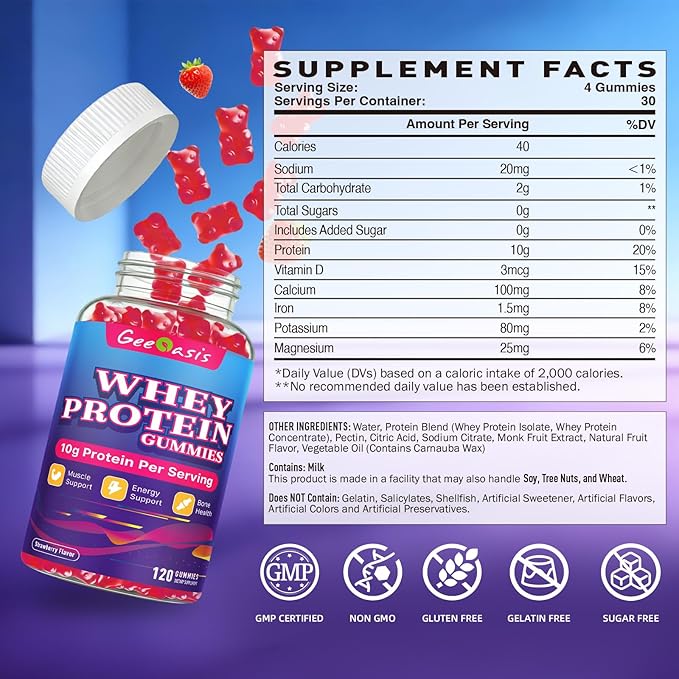 Whey Protein Gummies 10g, Protein Chewables Supplements for Women & Men, Muscle & Energy Support, Bone Health, Strawberry Flavor, 120 Count