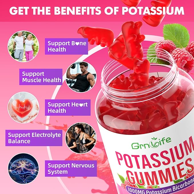 2 Pack Potassium Gummies 1000mg, Potassium Bicarbonate Supplement for Adults & Kids, Support Electrolyte Balance & Muscle Heath, Sugar-Free, Raspberry Flavor, 120 Count