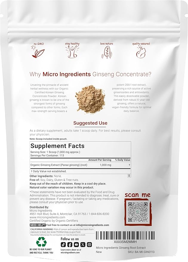 Micro Ingredients Maximum Strength Organic Korean Ginseng Root 200:1 Powder, 4 Ounce, Red Panax Ginseng Powder, Active Ginsenosides, Vegan Friendly