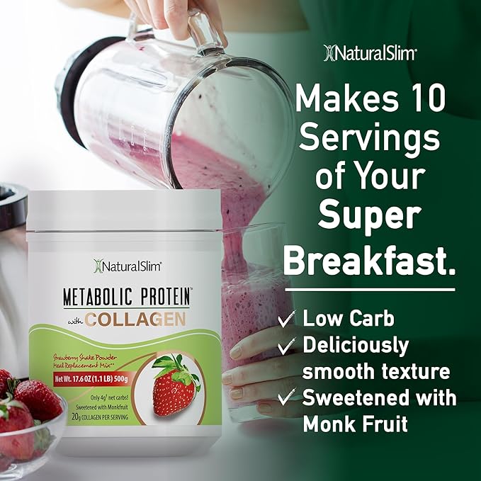 NaturalSlim Metabolic Protein Powder with Collagen, whey protein powder shake, Hydrolyzed Collagen with L-Glutamine for Metabolic Support, Digestion, Skin, Joints & Muscle, Low Carb 17.06oz Strawberry