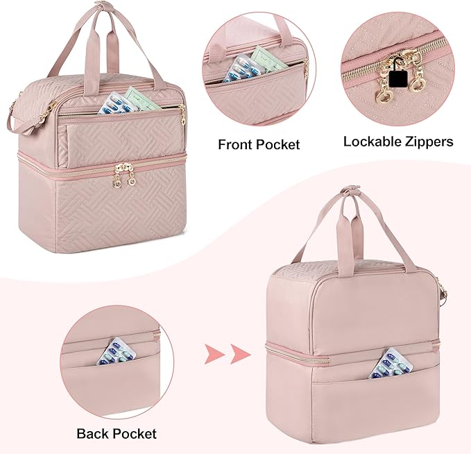 Damero Double Layers Pill Bottle Organizer Empty, Lockable Medicine Storage Bag Medication Travel Bag with 4 Customized Dividers for Prescription Bottles, Medical Supplements,Misty Rose