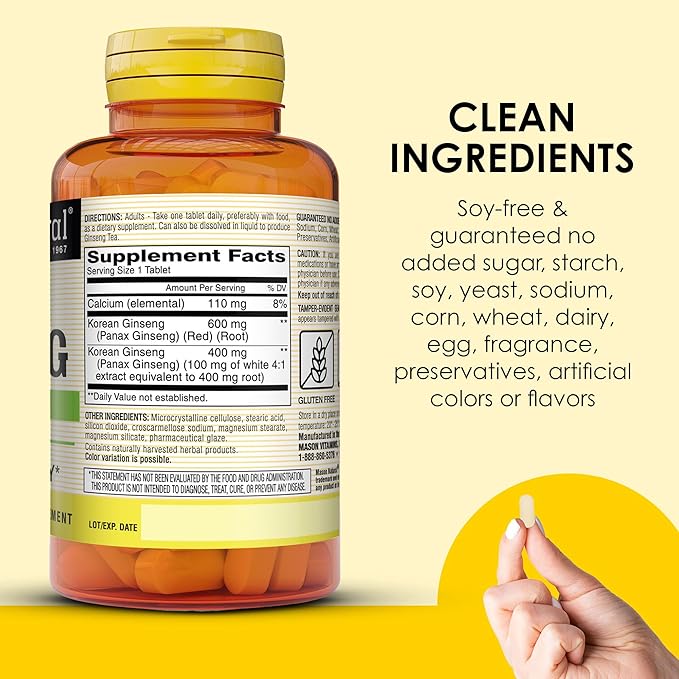 MASON NATURAL Korean Ginseng 1,000 mg, Supports Energy, Endurance & Vitality, 60 Tablets (Pack of 2)
