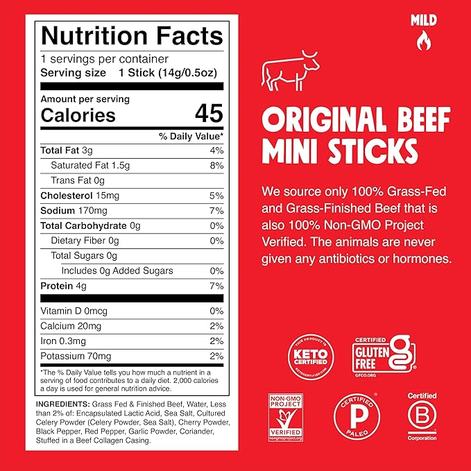 Chomps Snack Size Grass-Fed Original Beef Jerky Snack Sticks 0.5oz 24-Pack - Keto, Paleo, Whole30, 4g Lean Meat Protein, Gluten-Free, Zero Sugar Food, Non-GMO Chomplings