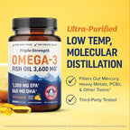 Triple Strength DHA Omega 3 Fish Oil 3600 mg | Over 2100mg Omega-3 Fatty Acids with 860mg of DHA | 1300mg EPA | Best Essential Fatty Acids | Premium Wild Caught & Burpless Fish Oil | 120 ct.