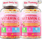 Liposomal Vitamin C 1000mg + D3 5000IU + Zinc Filled Gummies, Folate 800mcg Chewable Supplement, Elderberry for Immune, Hyaluronic Acid, VE, for Beauty, Energy & Overall Health, Sugar Free, ﻿2 Pack