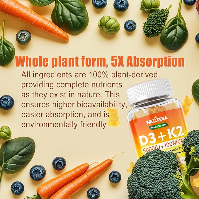 Vitamin D3 K2 Gummies 5000IU / 10,000 IU with Omega-3 250mg+K2(MK-7) 100mcg -5X Absorption Than Standard D3K2,with Vitamin C,Zinc,and 5 Organic Vegetables,Supports Bone & Teeth Strength, Immune,1 Pack