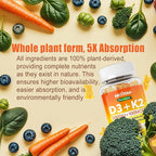 Vitamin D3 K2 Gummies 5000IU / 10,000 IU with Omega-3 250mg+K2(MK-7) 100mcg -5X Absorption Than Standard D3K2,with Vitamin C,Zinc,and 5 Organic Vegetables,Supports Bone & Teeth Strength, Immune,1 Pack