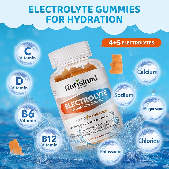 Electrolyte Gummies for Hydration, Hydration Gummies for Kids & Seniors Adults, with Potassium, Magnesium, Calcium, Sodium, Chloride for Runners and Endurance Sports, Orange Flavor, Vegan, 60 Chews