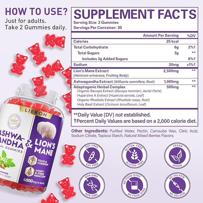Ashwagandha Gummies - Organic Ashwagandha & Lions Mane Gummies for Adults with 4 Adaptogenic Herb for Stress, Cognitive & Immune Support| Cortisol Supplements for Women & Men, Berry Flavor - 60 Counts