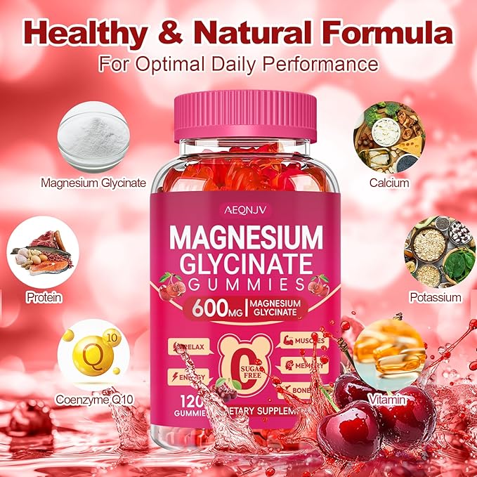Magnesium Glycinate Gummies 600mg, Chewable Sugar Free Magnesium L-threonate Gummies with Vitamin D, B6, and CoQ10 for Sleep, Relaxation, Brain and Muscle, 60 Days Supply for Men & Women
