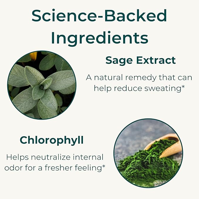 Body Odor & Sweat Support Supplement – Sage Extract & Chlorophyll – Natural Internal Deodorant & Perspiration Aid (60 Vegan Capsules)