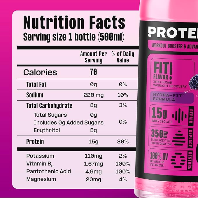 Protein2o Hydration Drink - 2-in-1 Liquid Clear Whey Protein Isolate and Electrolyte Drink - 15g Protein,Vitamins B5,B6 - Post-Workout Recovery - 16.9 Fl Oz - Dragon fruit Blackberry,(Pack of 24)