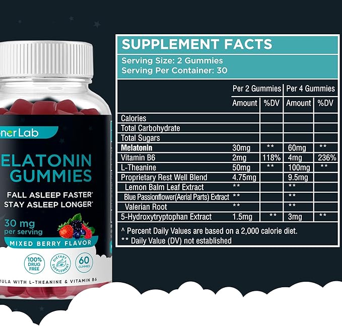 BionerLab Melatonin Gummies (30mg) Enhanced with L-theanine & Vitamin B6 for Adult Women Men - Extra Strength Chewables Calm Gummy - Gluten Free