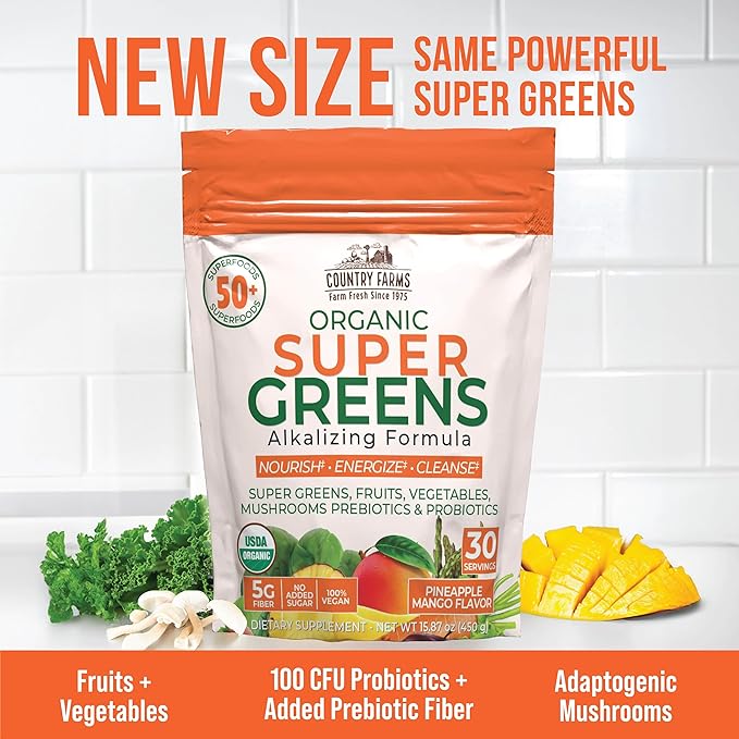 Country Farms Super Greens Pineapple-Mango Flavor, 50 Organic Super Foods, USDA Organic Drink Mix (Wheat Grass, Spirulina, Chlorella) Mushrooms & Probiotics, with Fiber, Natural Energy, 30 Servings