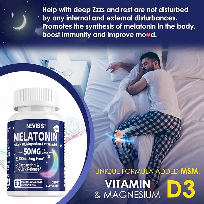 NEVISS Melatonin 50 mg for Adults - Extra Strength 9-in-1 Fast Dissolve Sublingual - High Dose with Magnesium Glycinate, Vitamin D3, Ashwagandha, Lemon Balm, Chamomile, Sugar Free, Vegan 180 Tablets