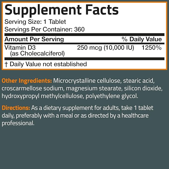 Bronson Vitamin D3 10,000iu (250mcg) Healthy Muscle Function and Immune Support, Non-GMO, 360 Tablets